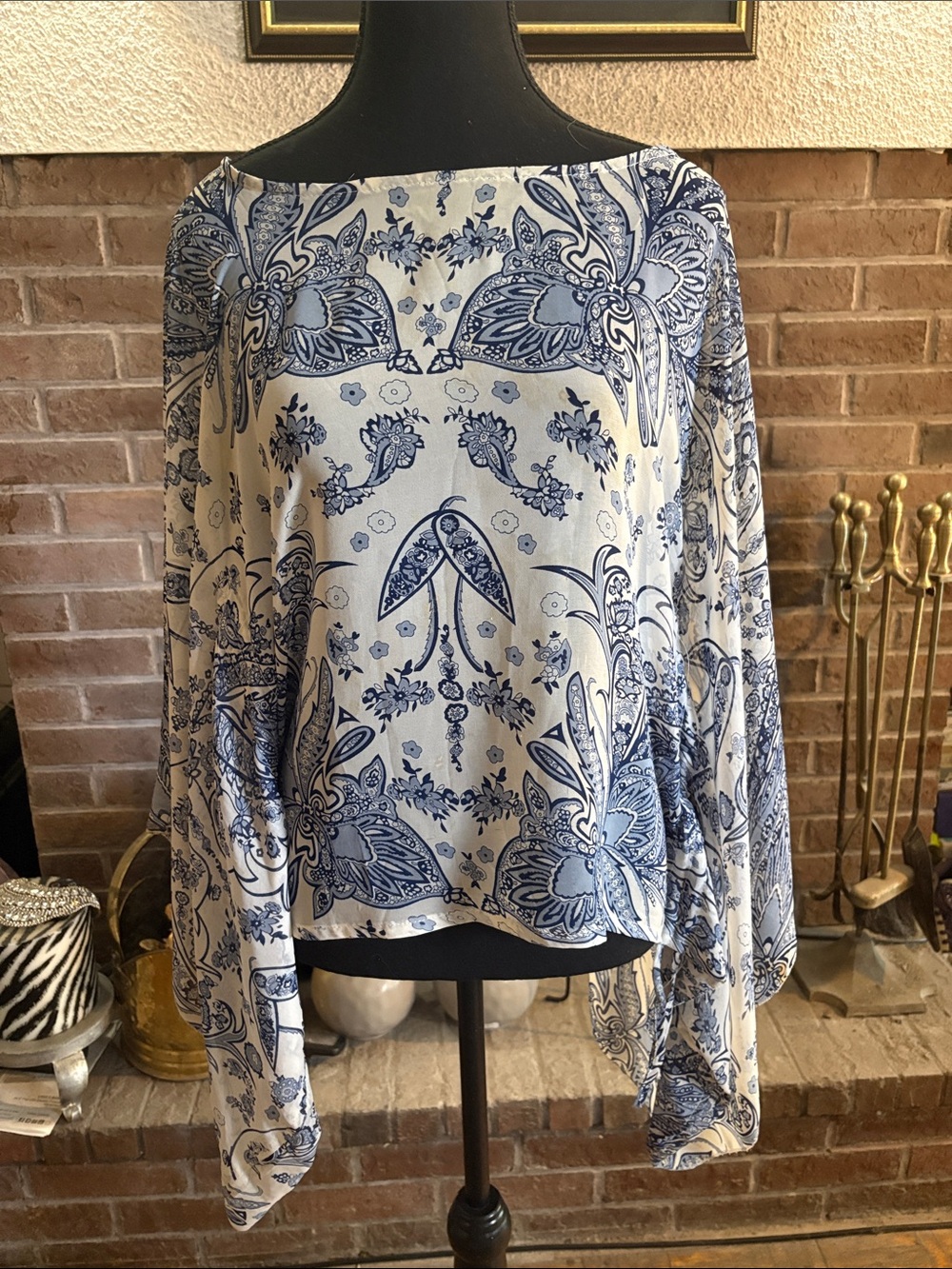 Women's Blue Paisley Boatneck Blouse - Relaxed Long Sleeve